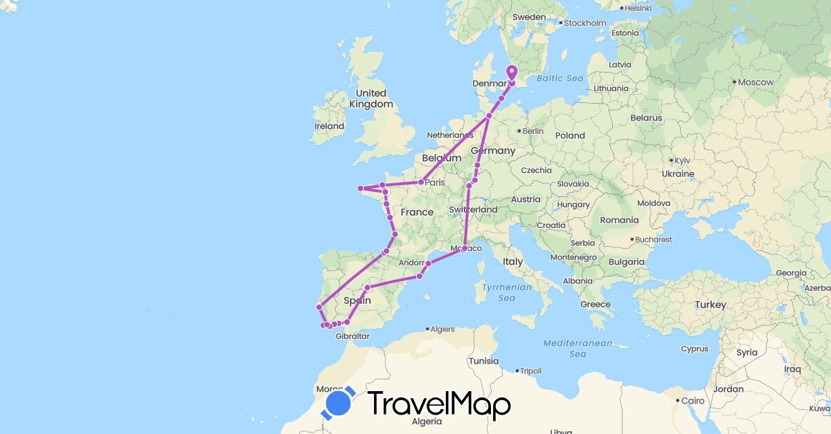 TravelMap itinerary: driving, train in Germany, Denmark, Spain, France, Portugal (Europe)