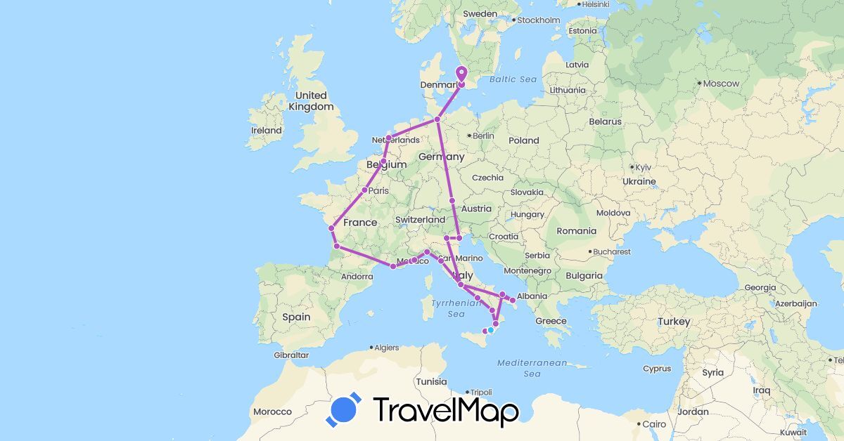 TravelMap itinerary: driving, train, boat in Belgium, Germany, Denmark, France, Italy, Netherlands (Europe)